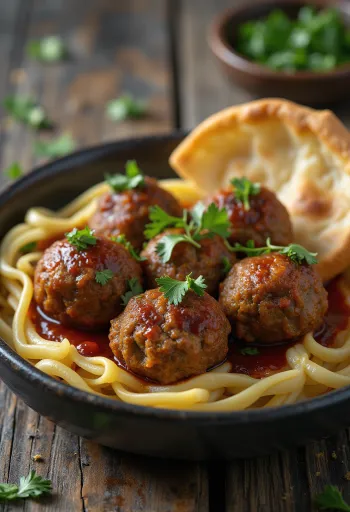 Aromatic beef kofta, grilled meatballs with parsley garnish