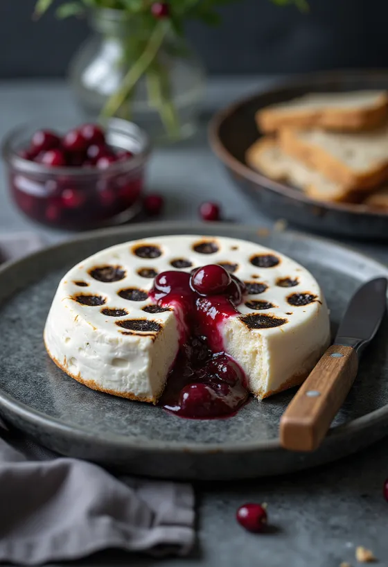 Leipäjuusto, golden brown baked Finnish cheese in a round shape, on a wooden plate