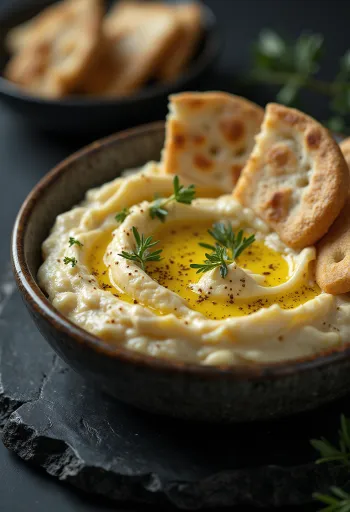 Aubergine dip with pitta bread and fresh parsley
