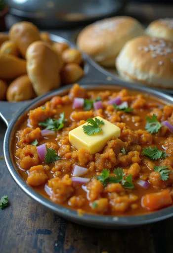 Pav Bhaji with classic vegetables, served with fresh coriander and toasted rolls
