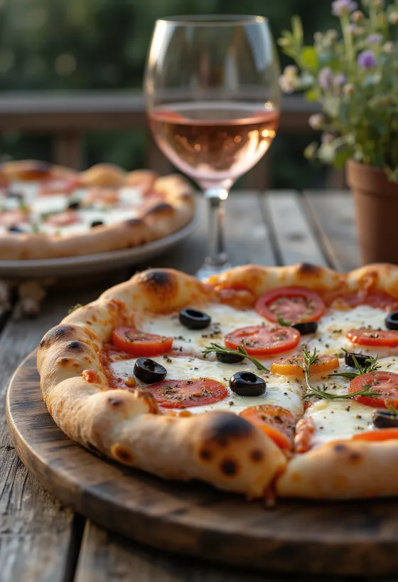 Pizza Provençale with tomato, black olives and Provencal herbs