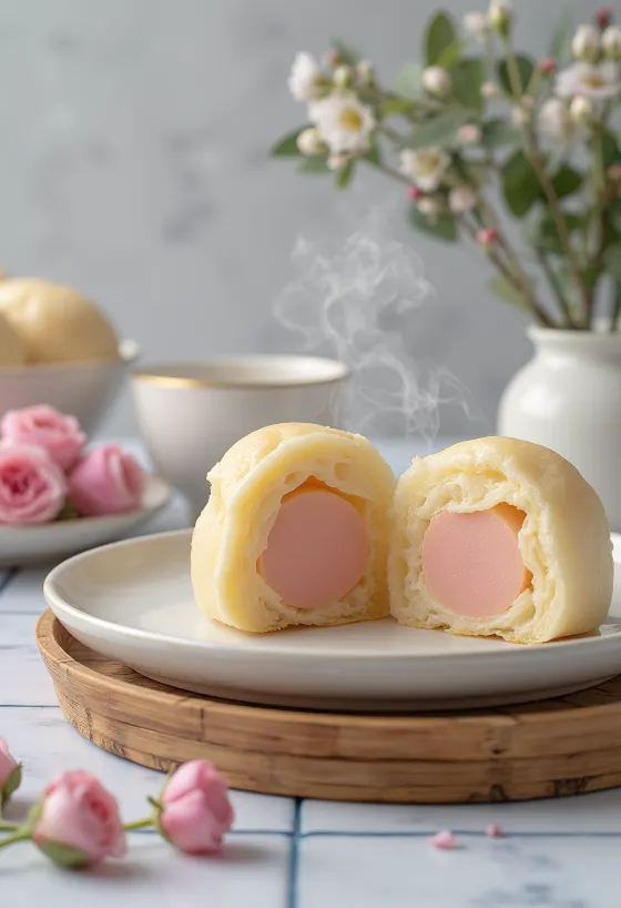 Rosewater and marzipan bao bun served
