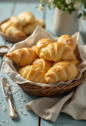Freshly baked, golden brown savoury crescent rolls in a basket, sprinkled with sea salt.
