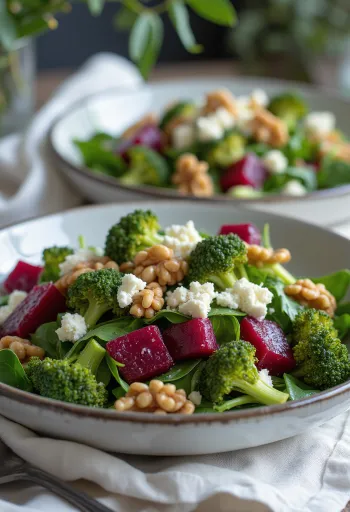 Beetroot and broccoli salad with walnut dressing