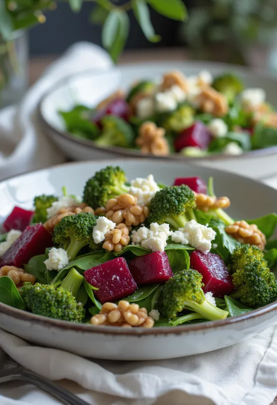 Beetroot and broccoli salad with walnut dressing