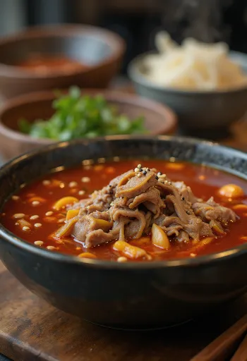 Spicy Soya Sauce Yukgaejang, Korean beef noodle soup with fresh egg and seaweed