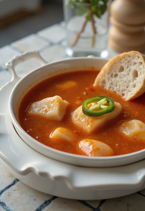 Fisherman's soup made from fresh carp, served with red paprika sauce and hot chilli