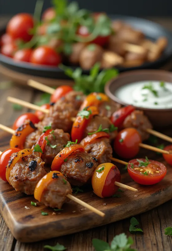 Mini Kebab Skewers with grilled meatballs and yoghurt sauce