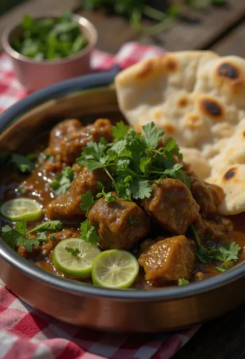 Paye with fresh coriander, served with lime slices and green chilli
