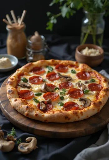 Pepperoni pizza with mushrooms served