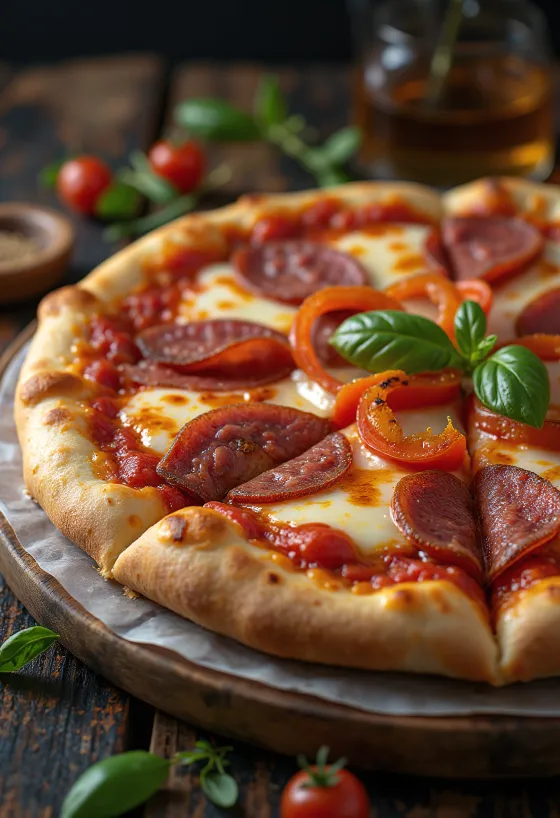 Pizza alla Campagnola with salami and vegetables