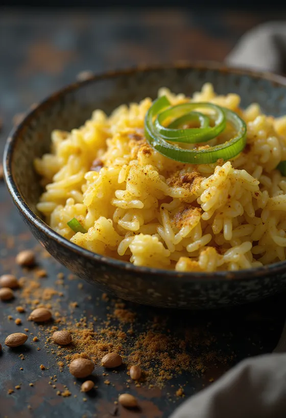 Prebiotic spiced leek rice served with fresh coriander