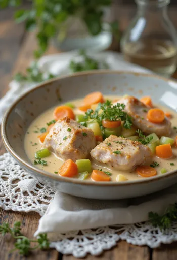 Rabbit fricassee served with creamy sauce and garnished with fresh parsley