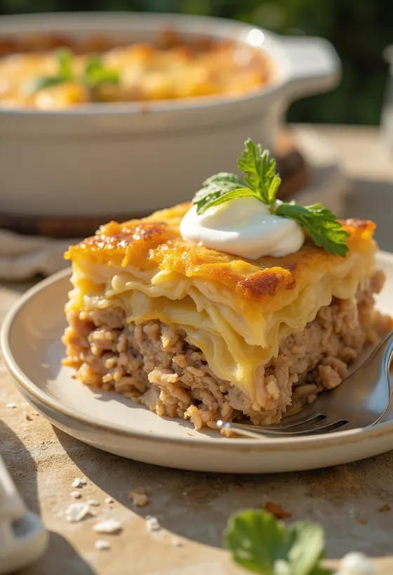 Traditional layered cabbage, layered with minced meat and rice, served with sour cream.