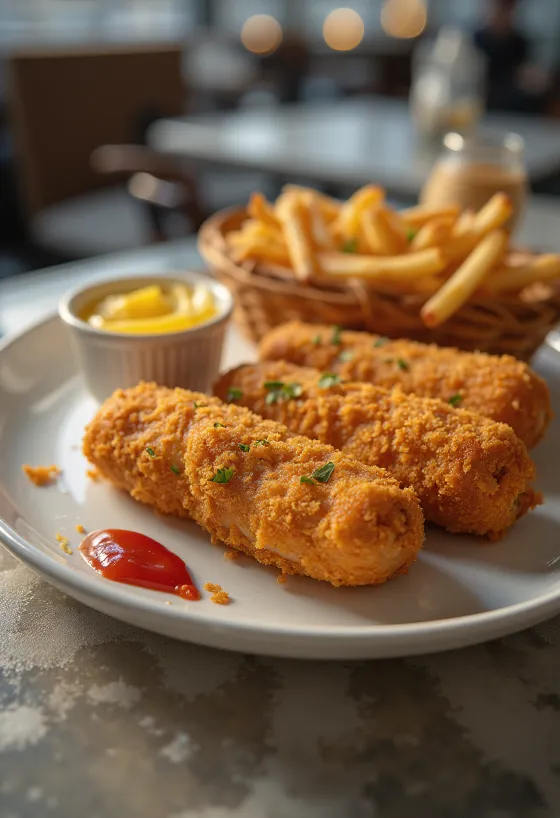 Golden fried breaded frankfurters, served in a crispy coating with fresh mustard and ketchup.