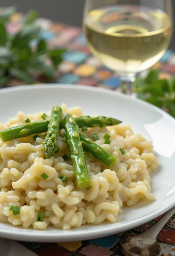 Creamy risotto with fresh green asparagus, sprinkled with Parmesan, served Italian style
