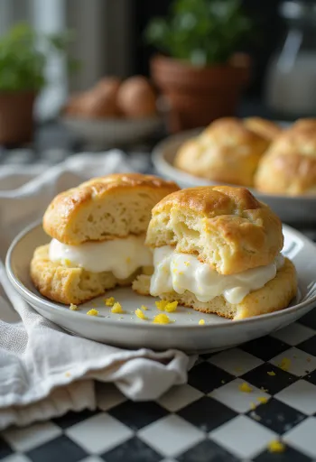 Curd cheese filled scones with golden brown, crispy tops