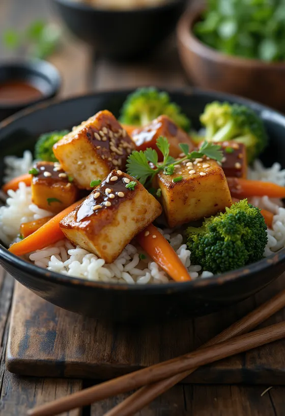 Sesame tofu with vegetables, served with toasted sesame and fresh vegetables.