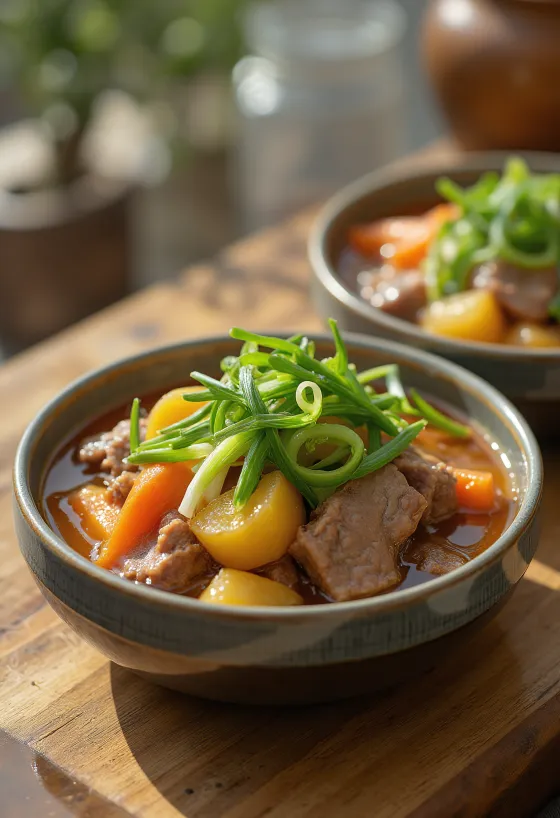 Spring onion nikujaga stew with beef and potatoes