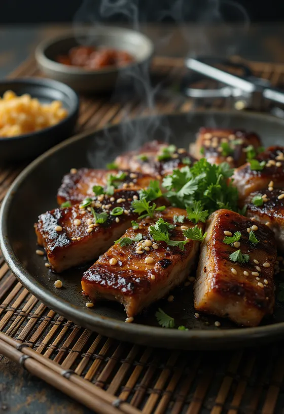 Char-grilled galbi, served with sesame seeds and coriander