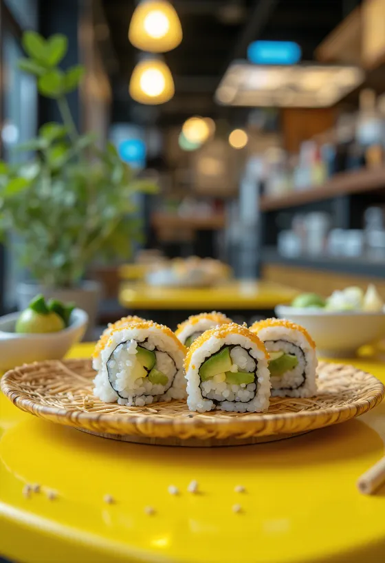 Vegan sushi with nori seaweed, decorated with avocado and sesame seeds