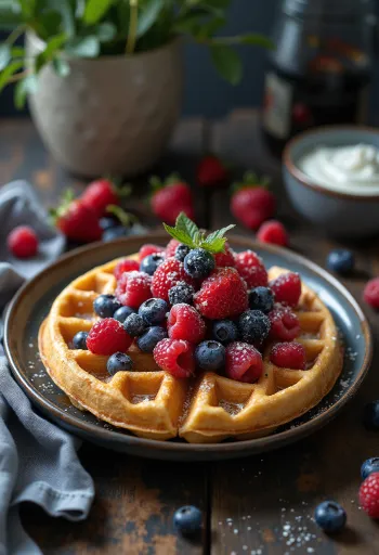 Mixed fruit waffles with fresh berries and honey