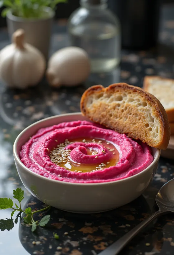 Beetroot hummus served with toast