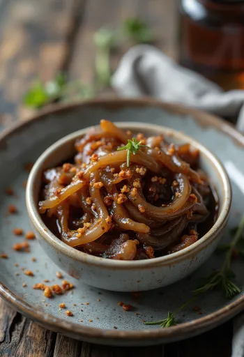 Chilli and caramelised onion relish in a bowl, garnished with fresh chilli.