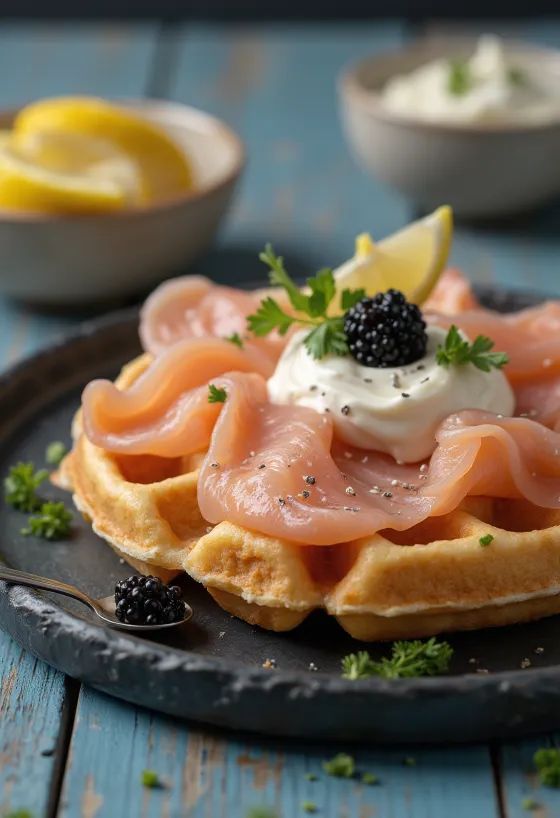 Smoked salmon waffle with caviar served