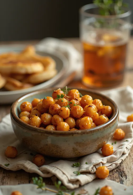 Crispy spiced roasted chickpeas sprinkled with spices, served in a bowl.
