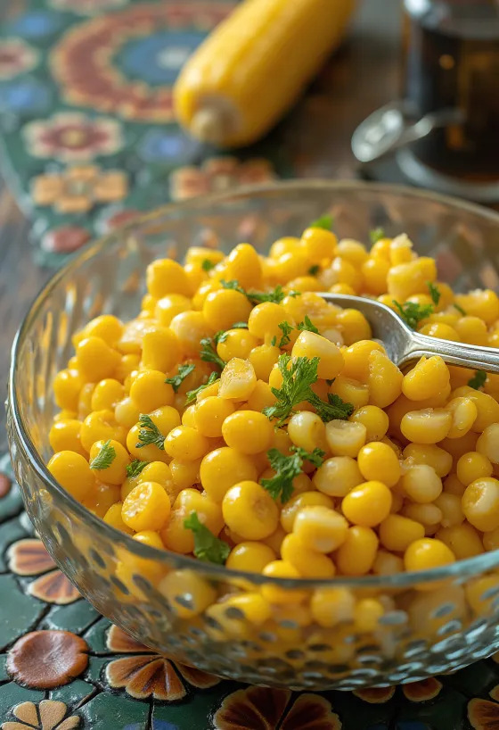 Fresh sweetcorn salad with crunchy vegetables and creamy dressing
