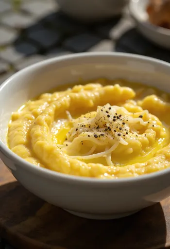 Polenta with cheese and butter, served with grated parmesan and mozzarella cheese
