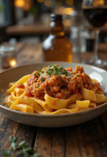 Rabbit ragu served with pappardelle pasta and garnished with fresh rosemary