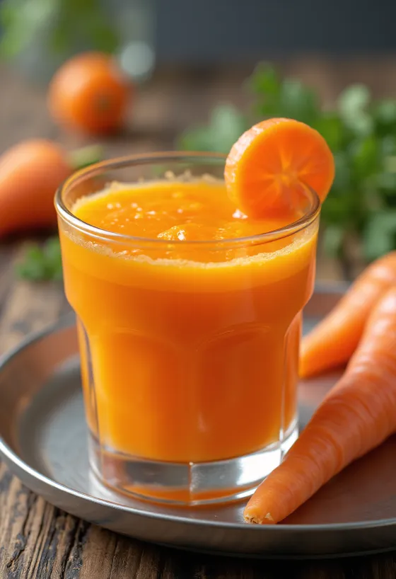 Carrot juice in a tall glass, garnished with fresh carrot and fruits