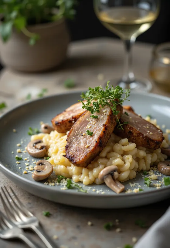 Pork neck steaks served with mushroom risotto