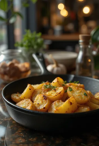 Golden brown, crispy tray-baked potatoes with fresh herbs.
