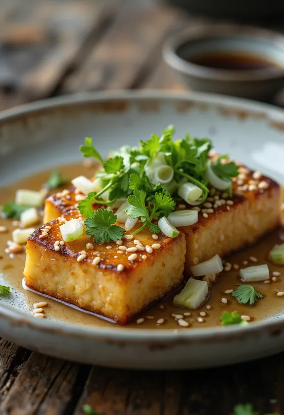 Sesame crusted tofu steak decorated with fresh coriander