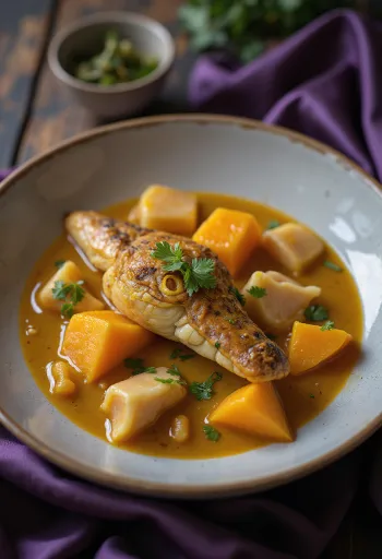 Crocodile and pumpkin curry served in a bowl with fresh coriander.
