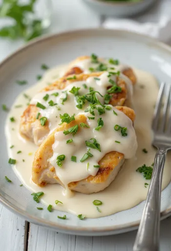 Juicy chicken breast in creamy sauce, sprinkled with fresh parsley and served with pasta.