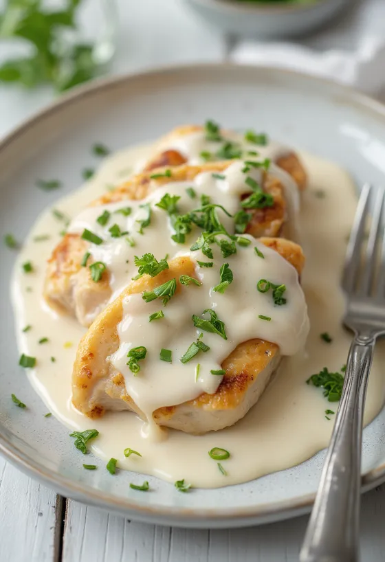 Juicy chicken breast in creamy sauce, sprinkled with fresh parsley and served with pasta.