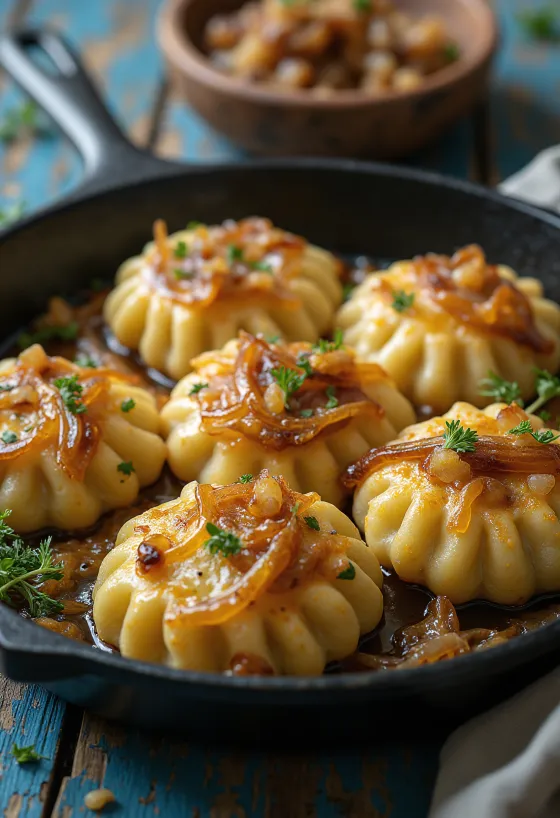 Crispy dödölle served with sour cream and roasted onions