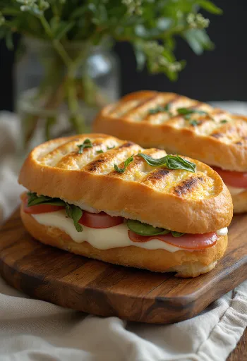 Classic panini sandwich with ham and mozzarella, pesto sauce