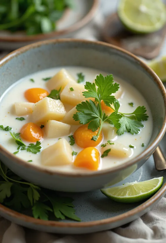Coconut vegetable soup with fresh coriander