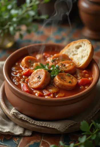 Sausage Lecho served with fresh peppers, tomatoes, and smoked sausage