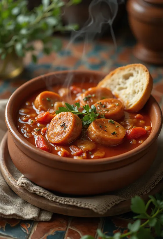 Sausage Lecho served with fresh peppers, tomatoes, and smoked sausage