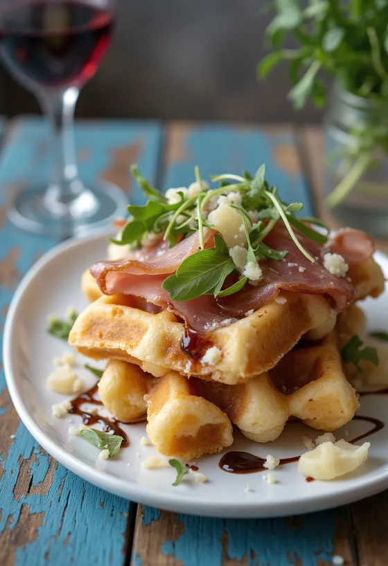 Prosciutto and parmesan waffles served with rocket and balsamic vinegar