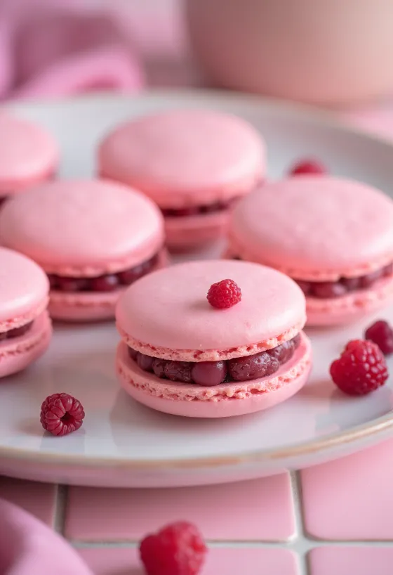 Red berry and marzipan macarons served