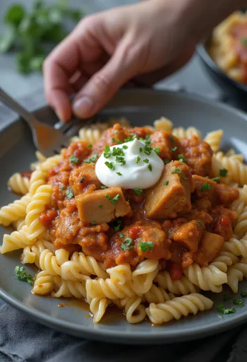 Pork stew served with pasta and a dollop of sour cream