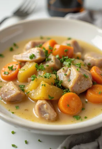 Rabbit stew with white wine and herbs served in a rustic bowl
