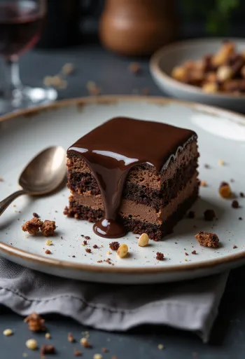 Rigó Jancsi chocolate cake slice on a white plate